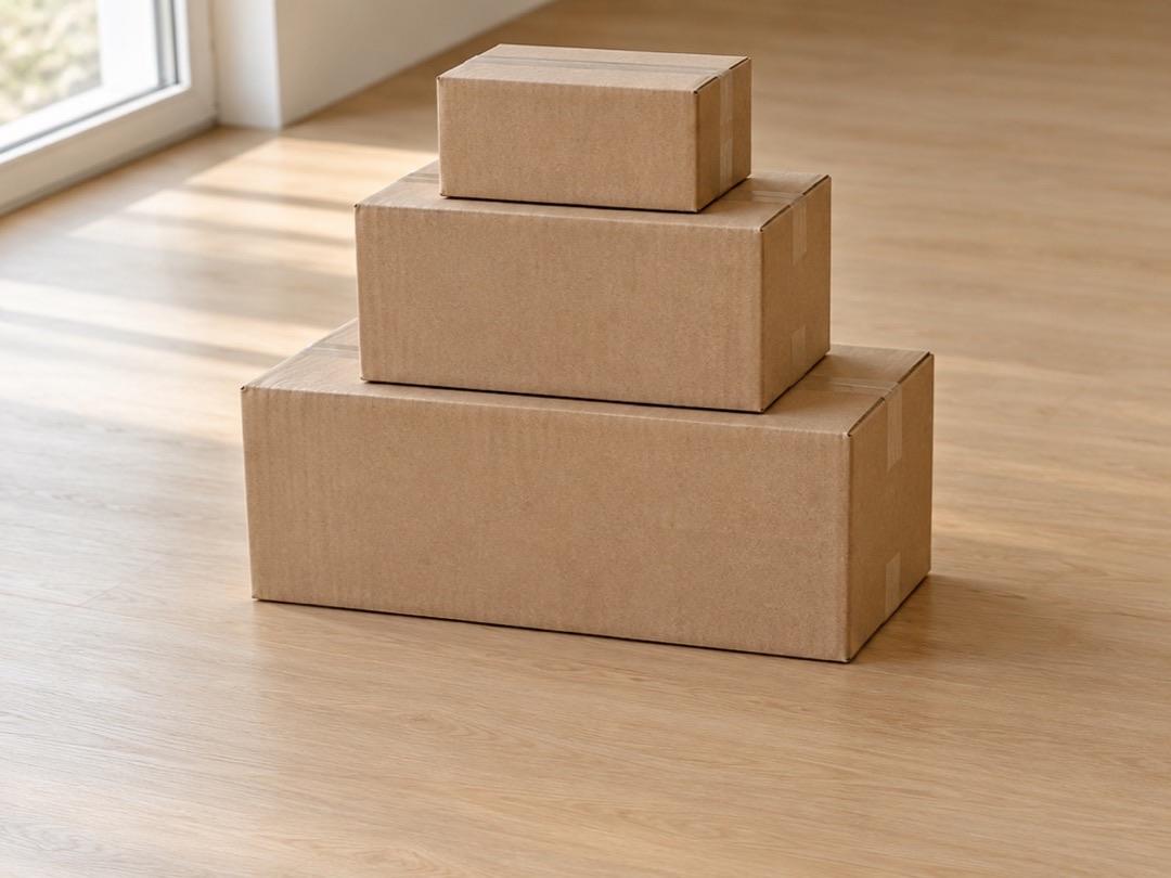 Stack of three plain cardboard shipping boxes on a light wooden floor