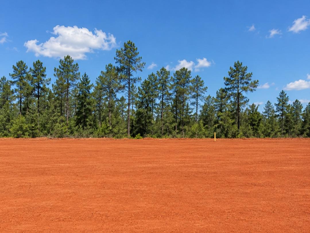A cleared red-clay construction site with a line of tall pine trees under a blue sky