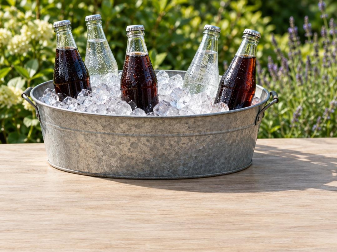 Glass bottles of cola and sparkling water in a metal tub of ice on a wooden garden table