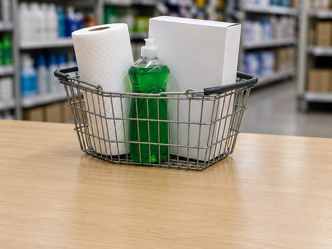 A wire shopping basket with paper towels, green dish soap and a white box on a store counter