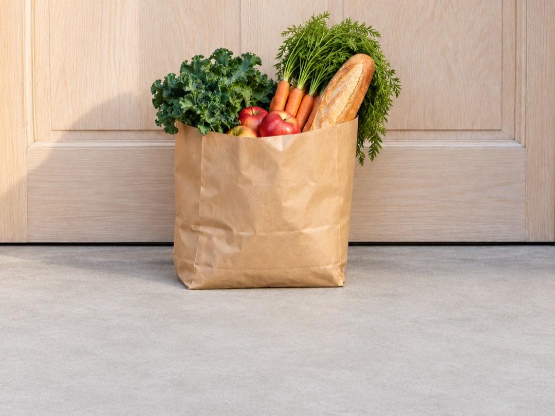 A paper grocery bag with vegetables, apples and bread left at a front door