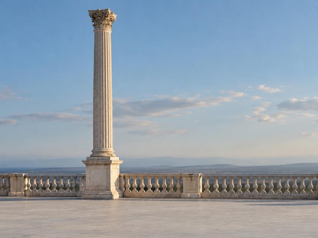 A classical stone column with a Corinthian capital beside a marble balustrade under a pale blue sky