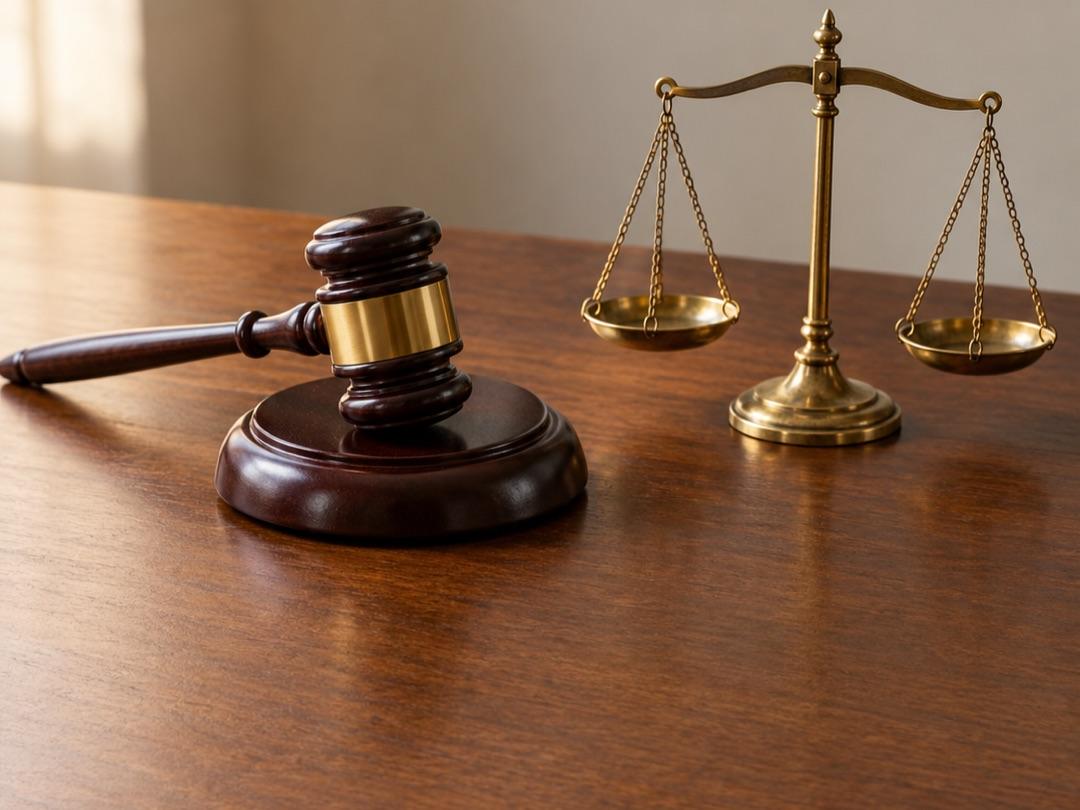 A judge's gavel and a brass balance scale on a wooden desk