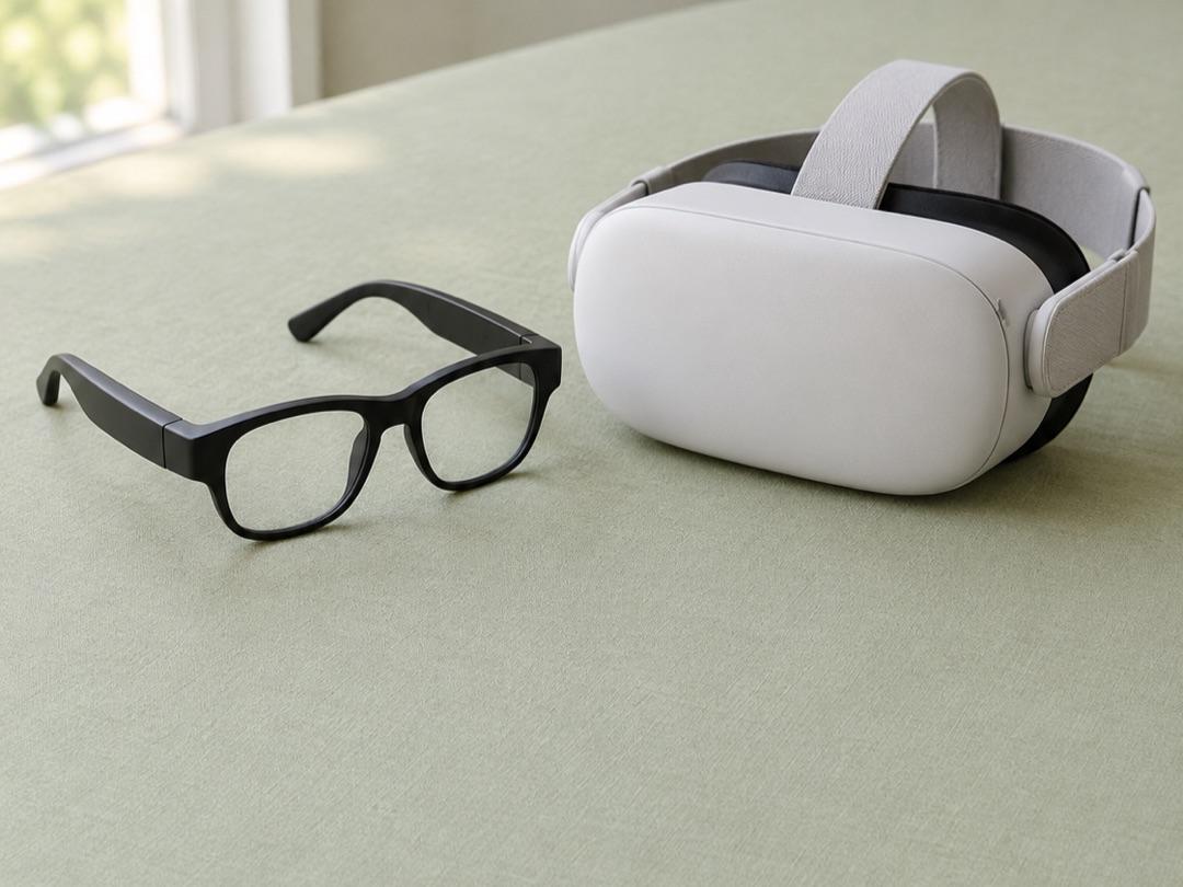 Smart glasses and a white VR headset on a green linen surface