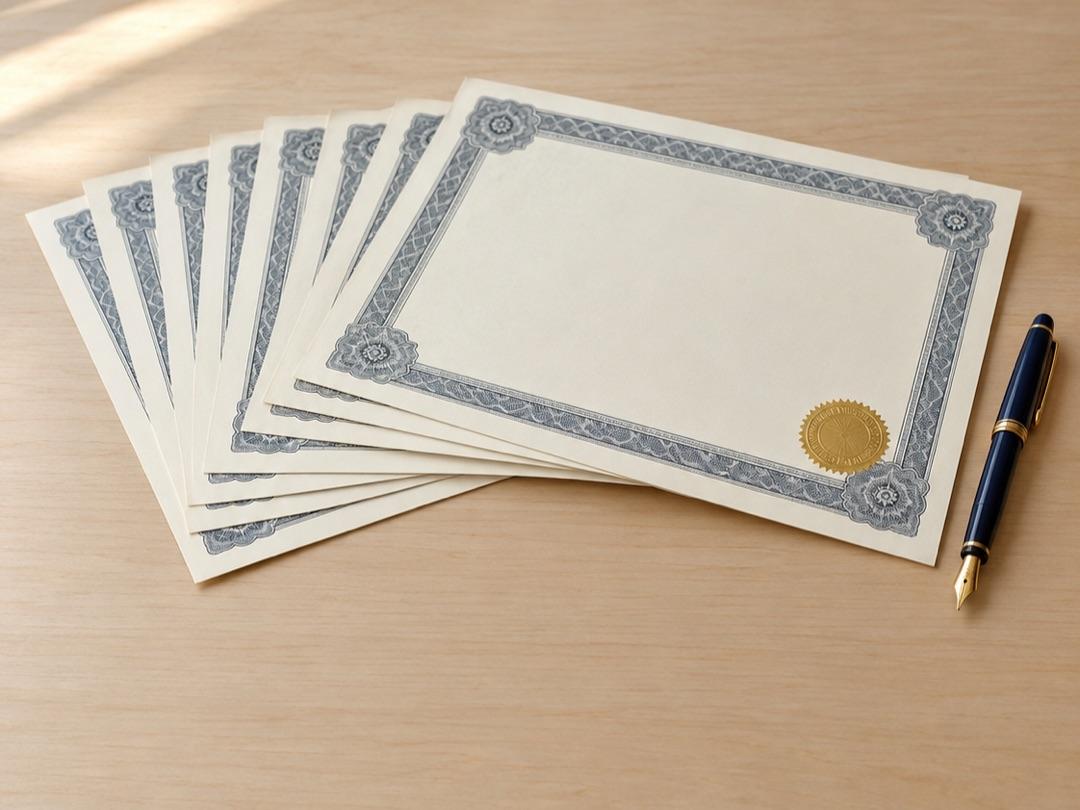 A fanned stack of blank share certificates with a gold seal and a fountain pen on a wooden desk