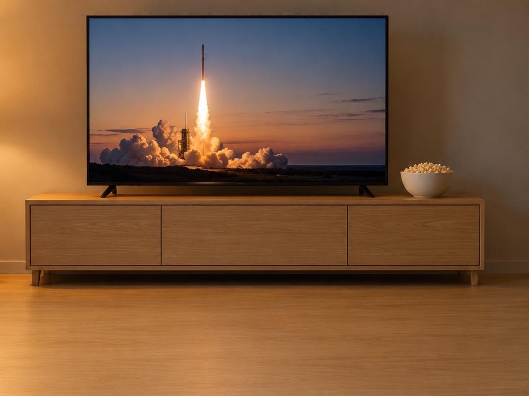 Flat-screen TV showing a rocket launch on a wooden cabinet with a bowl of popcorn