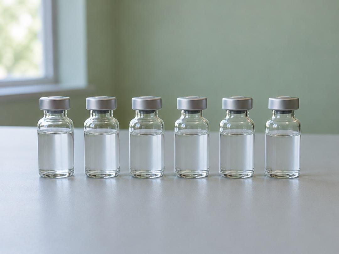 Six clear glass medicine vials with silver caps in a row on a light grey table