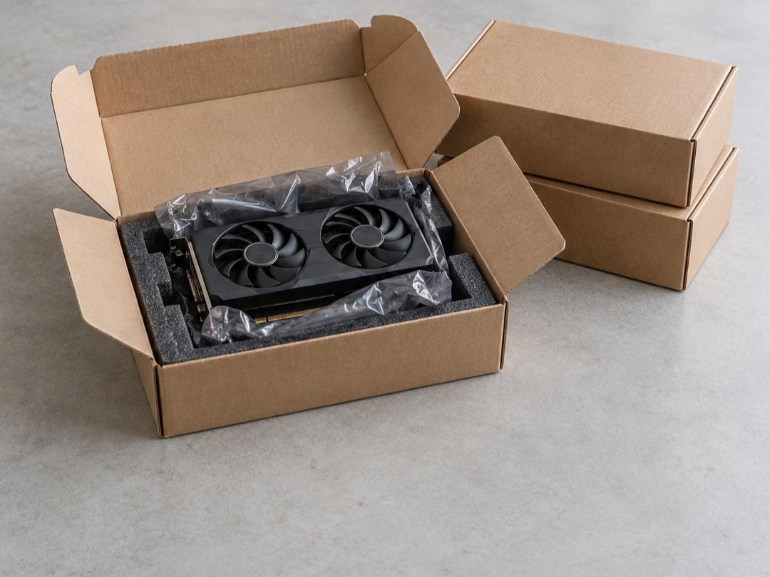 A graphics card in an open cardboard shipping box next to two more boxes