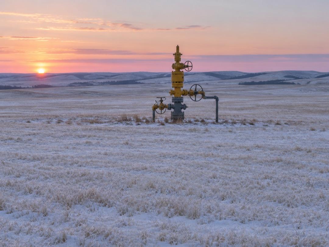A yellow and grey natural gas wellhead on snow-dusted prairie at sunrise