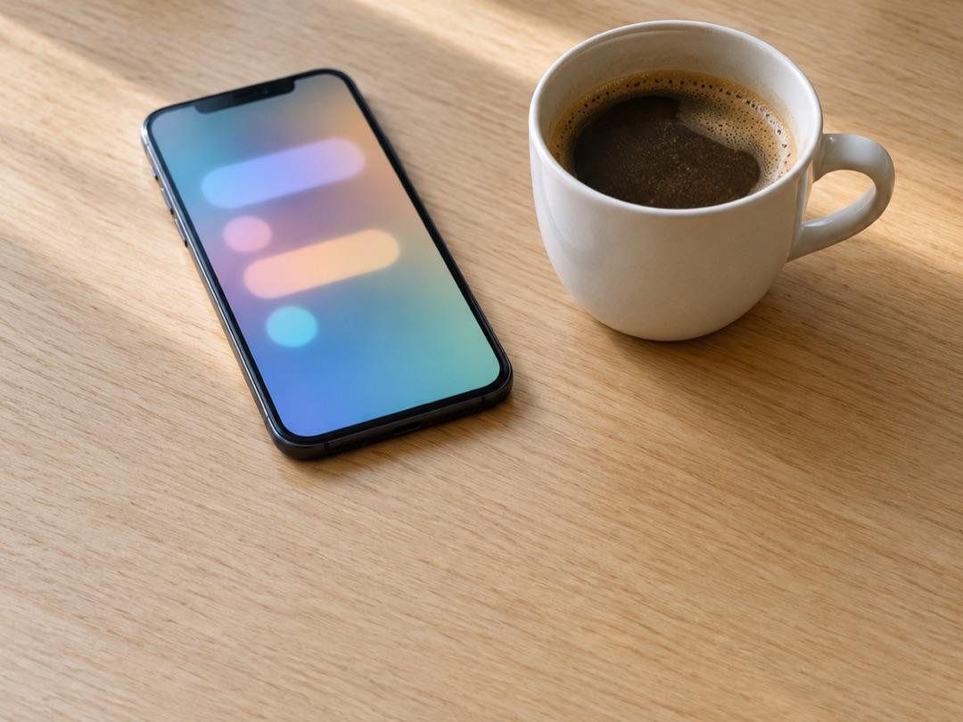 A smartphone with colourful notification bubbles next to a cup of coffee on a wooden table