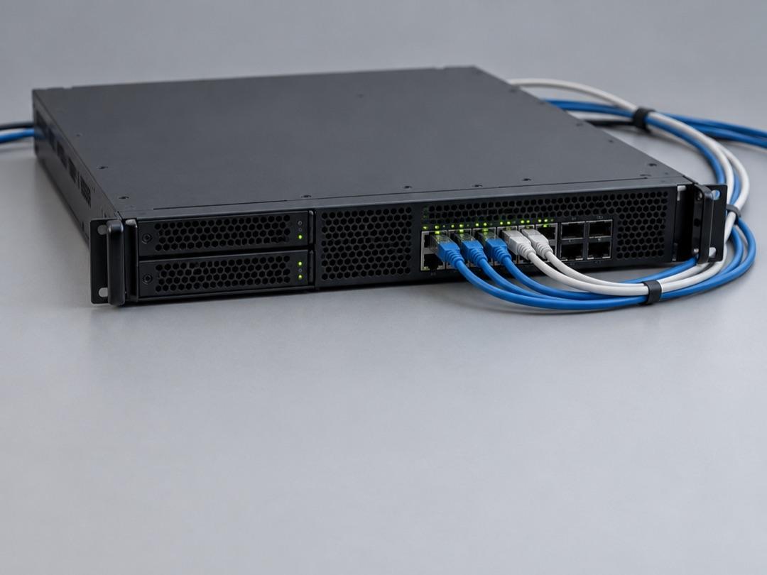 A black server unit with blue and white network cables and green status lights