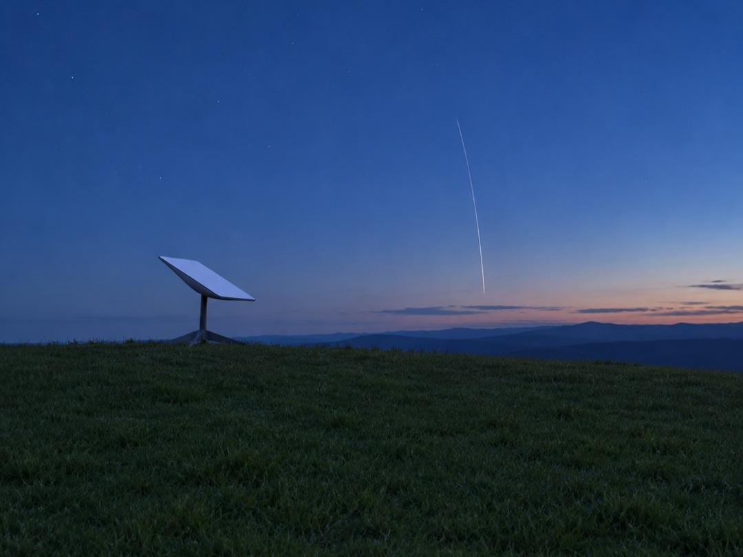A satellite internet dish on a grassy hilltop at dusk with a rocket trail in the sky