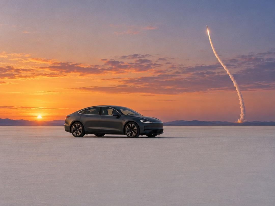 A dark electric car on a salt flat at sunset with a rocket launching in the distance