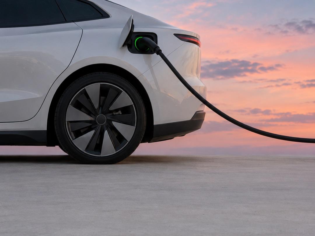 A white electric car charging at dusk