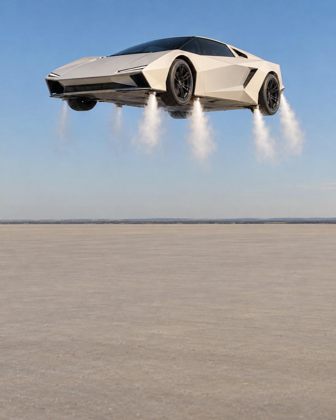 White angular sports car lifting off the ground with white vapor bursts beneath it