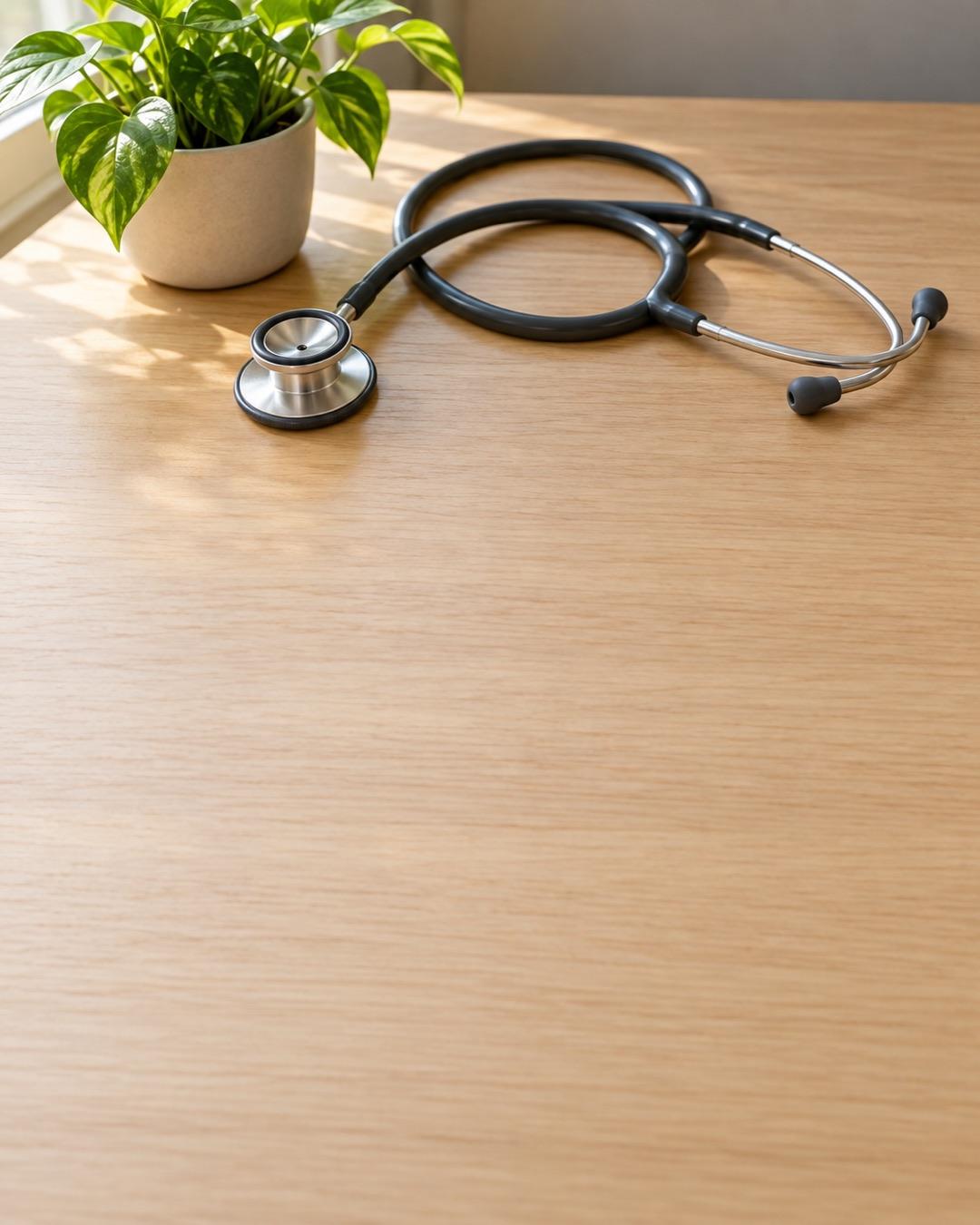 Stethoscope and a green potted plant on a light wooden desk